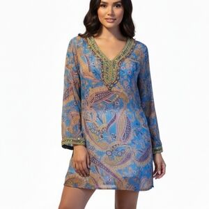 Raj 100% Silk Paisley Boho Hippie Tunic Cover Up Embroidered Beaded XLarge